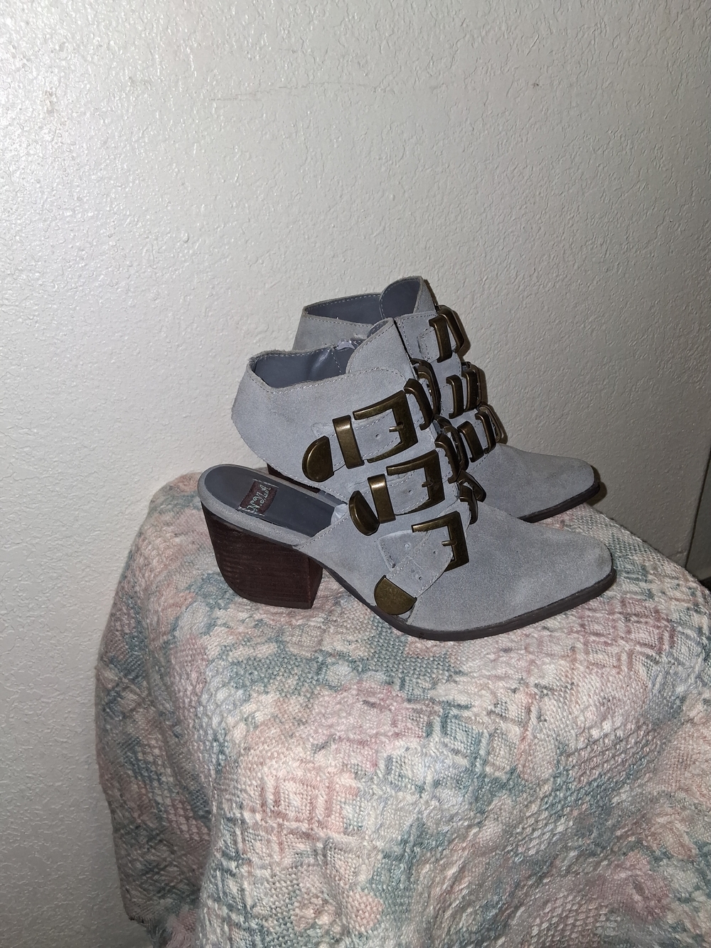 N.Y.L.A. Gray Suede Buckle Heeled Booties